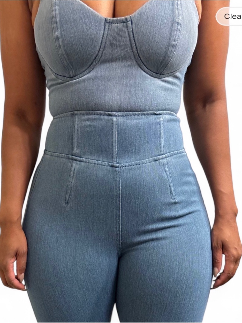 JLUXLABEL Light Wash Denim Corset bodysuit and pants